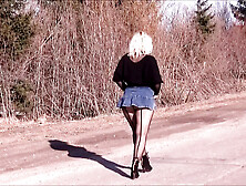 Jeans Skirt And Black Pantyhose-Sexy Walk Big Ass