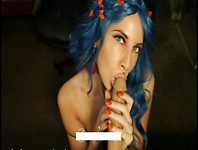 The Blue-Eyed And Blue-Haired Slut Squeezes And Blows The Dildo