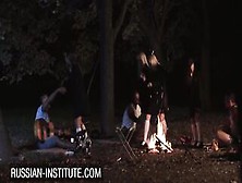 Blond Gina Gerson Three-Some At The Campfire