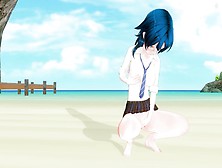 3D Asian Cartoon Schoolgirl On The Beach After School