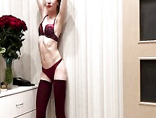 Showing Off Inside Red Tights And Masturbating For You