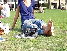 Outdoor Hottie On Grass With Barefeet