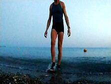 Alexa Cosmic Swimming In The Sea After Sunset In Clothes.  Wetlook In Sneakers,  Shorts And T-Shirt
