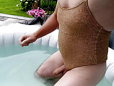 Sissy On Sexy Gold Shiny Swimsuit In Jacuzzi