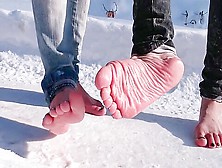 Two Hot Winter Babes Go Bare Foot In The Snow