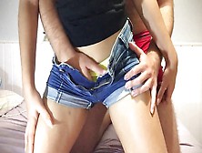 Short Girl Gets A Clothed Dry Humping In Tight Denim Shorts And Ends Up With Jizz In Her Panties