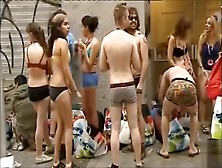 Spain Students Wearing Only Underwear Wait In Front Of The Shop For It To Open