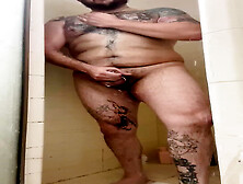 Beefy Hairy Muscle Cub Latin Pierced Jack Off In Shower
