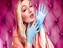 Sensual Asmr Video Featuring Arya Grander In Blue Nitrile Gloves And Pink Pvc Coat