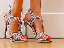Feet 054 - Posing Her Sexy Feet Wearing Silver Heels