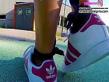 Chick Red Adidas Superstars Shoeplay,  Dipping Fishnet Socks