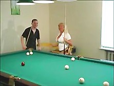 Aged Gorgeous Lady With Large Pantoons & Youthful Billiards Player