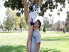 Lithe Cheerleader Blows A Giant Hairless Prick