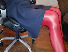 Blue Lined Office Skirt With Red Shiny Pantyhose
