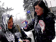 Hot Girls Go Outside And Play Around In The Cold Snow