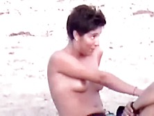My Short Haired Black Brown Wifey Topless On The Beach