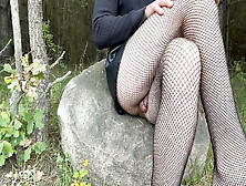 Teen Boy Short Skirt With Fishnets No Pants Tease,  Strip And Masturbate In Forest For Daddy