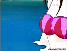 Hentai Gets Vibrator In Her Pussy And Sucking Cocks In The Beach