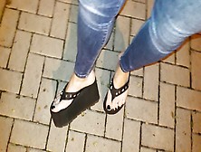 A Night Stroll Without Panties In Jeans And Sexy Flip-Flops