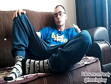 Nerdy Boy With A Big Dick Is Horny,  Masturbates In Cute Socks And Underwear And Cums Hard
