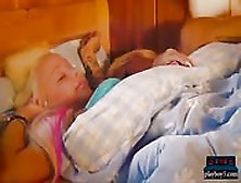 Lesbian Blondes Threesome In A Tiny Bed