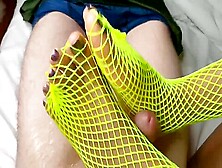 Black Girl In Fishnets Gives A White Cock A Footjob With Her Black Feet