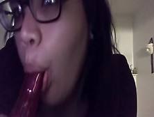 Cutie With Glasses Sucks Off Her Pink Toy (Sound Up)