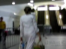 Upskirt Without Panties Blonde In Long White Skirt 480P. Mp4
