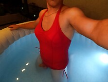 Ladyboy Swimming In Sexy Red Swimsuit