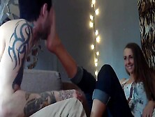 Smiley Brunette Amateur Gets Her Feet And Toes Worshiped By Her Inked Man