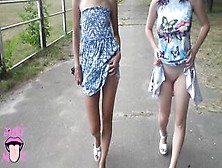 2 Cuties Flashing Snatch In Public Park,  Upskirt No Pants