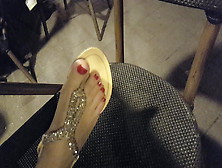 Girlfriend Shows Sandals,  Pedicured Charming Feet Red Toes