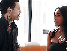 Ebony Brunette Is Fucking A Handsome Tattooed Guy,  While Her Boyfriend Is Out Of Town