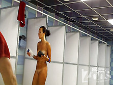 Tanned Babe Taking A Shower After A Workout.