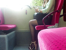 Candid Open-Shoes Nyloned Gal On The Bus