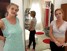 Grandma And Blonde Girl Are Sucking That Hard Pecker Together