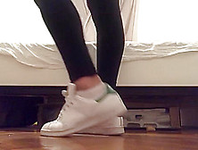 Blonde Teen Feet In White Ankle Socks And Leggings Changing Adidas Sneakers