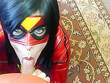 Spiderwoman Gives A Sloppy Blowjob In The Office And Gets A Web Facial