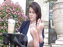 Hot Businesswoman Caught Barefoot At The Restaurant During Lunch Break