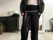 Crossdresser Tranny Palazzo Wideleg Fetish Trousers,  Satin Silk Blazer,  White Office Ruffled Blouse And High Heels Boots