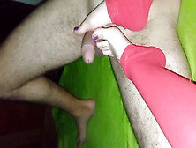 Footjob With My Sexy Feet And Red Nylons
