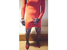Crossdresser In Red Dress Shows Her Big Cock