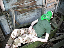 Soldier Wanks His Big Hung Cock In Abandoned Shack And Cums All Over Himself.