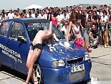 Busty Babes Put On Sexy Carwash Show For An Audience