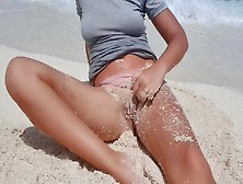 Attractive Blonde Masturbation By The Sea.  Charming Rear-End In Sand
