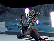 Alien Sex.  Spacewoman In Spacesuit Plays With Alien On The Exoplanet