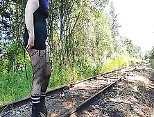 Blue Haired Cougar Mastrubates And Ejaculates Into Outdoor, On The Train Tracks