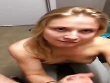 Blonde Girl Sits On Her Knees And Enjoys Sucking Cock