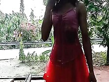 Naughty Shemale Poses In Red Dress And Plays With Herself Outside