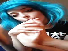 Blue Haired Emmo Girl Wanks A Plastic Purple Dick With Her Sexy Feet